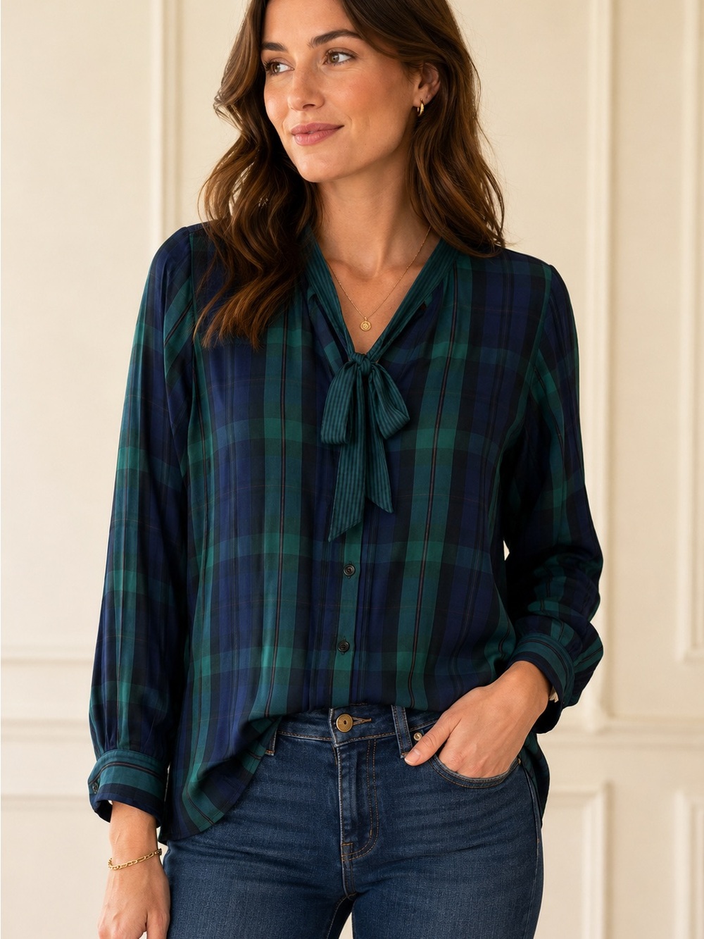 Rails Green & Navy Plaid Tie-Neck Button Down Blouse XS EUC